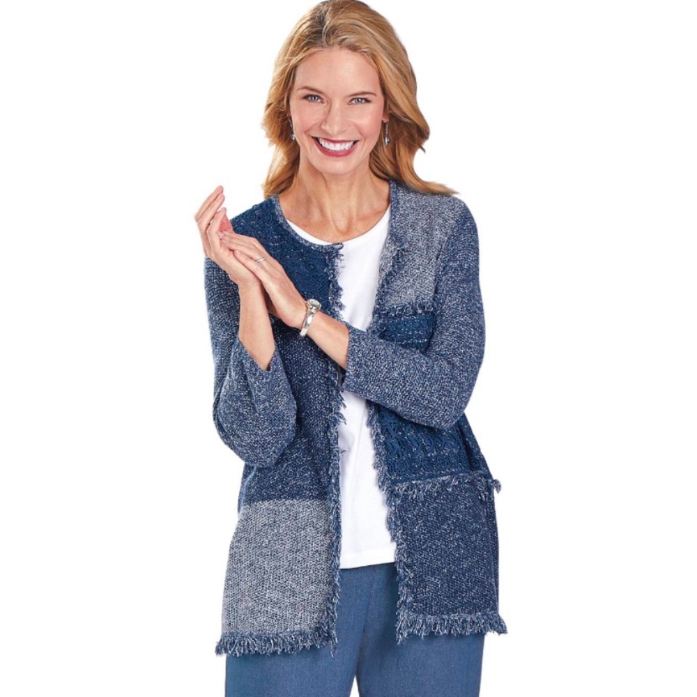 Alfred Dunner Colorblock Blue Multi-media Fringed Knit & Lace Cardigan
